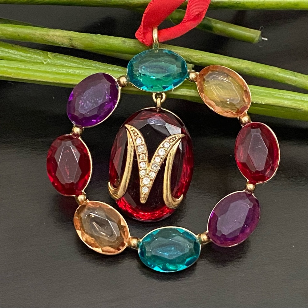 Vintage Unsigned TRIFARI Initial “M” Multicolored Glass Gems Wreath Ornament